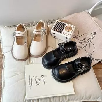 Туфли на плоской подошве для маленьких девочек, черные, бежевые, универсальные, школьные, детские, кожаные, модные, весна-осень, повседневные, детские, нескользящие, туфли 23 чёрный