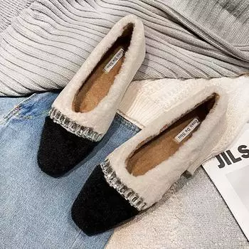 Туфли на плоской подошве из искусственного меха со стразами, женские, разноцветные, уютные, зимние, женские, на плоской подошве, мокасины с кристаллами и мехом, большой размер 42 4.5 бежевый