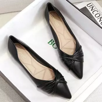 Туфли на плоской подошве из кожи в корейском стиле с плиссировкой и узлом, женские, с острым носком, с неглубоким горлом, для офиса и работы, лоферы большого размера 41-43 2024 4.5 бежевый