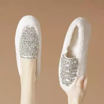 Туфли на плоской подошве из меха Crystal Fish Scale женские с круглым носком металлические аппликации мокасины женские блестящие хлопковые мокасины большой размер 43 4.5 бежевый