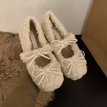 Туфли на плоской подошве из мягкого плюша, женская обувь, верхняя одежда, новинка 2025 года, плюшевые туфли Мэри Джейн, плюшевые хлопковые туфли 35 абрикосовый