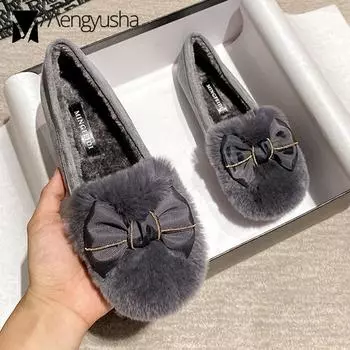 Туфли на плоской подошве из натурального меха кролика, женские балетки с бантом и кристаллами, женские хлопковые плюшевые мокасины, большой размер 42/43, зимние мохнатые туфли 5 серый