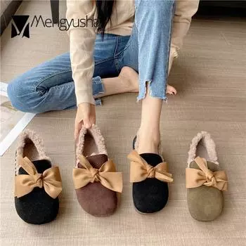 Туфли на плоской подошве из нубука из коровьей кожи, женские шелковые мокасины с бантом, меховые, женские плюшевые зимние туфли, большие размеры 35-42, мокасины из натуральной кожи 5 чёрный