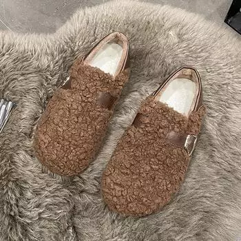 Туфли на плоской подошве из овечьей шерсти, женская обувь, новинка 2024 года, осенне-зимняя универсальная бархатная теплая хлопковая обувь, одинарные туфли Doudou 35