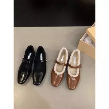 Туфли на плоской подошве из плюша и хлопка, одинарные туфли, женские туфли, новинка 2025 года, черные вечерние туфли Мэри Джейн с квадратной головкой 35 чёрный