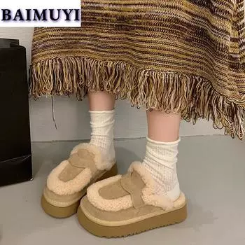 Туфли на плоской подошве из замши и хлопка, женские меховые тапочки, тренд 2025 года, зимние брендовые плюшевые шлепанцы, толстая подошва, пушистые, теплые, зимние, Botas Mujer 35 хаки
