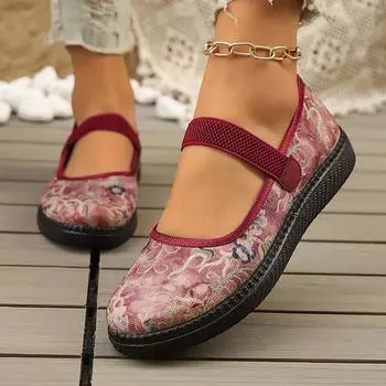 Туфли на плоской подошве Lucyever Vinatge Printed, женская обувь на весну 2025 г., эластичные ремешки на платформе, прогулочная обувь, женская удобная нескользящая повседневная обувь 36 вино красного