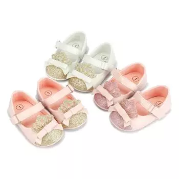 Туфли на плоской подошве «Мэри Джейн» для маленьких девочек, нескользящая мягкая подошва для младенцев, с блестками и короной, туфли-лодочки из искусственной кожи для новорожденных с бантом, свадебные туфли принцессы для первых ходунков, 0–18 месяцев 3