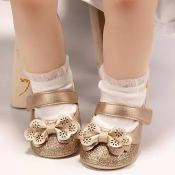 Туфли на плоской подошве «Мэри Джейн» для маленьких девочек, нескользящая мягкая подошва, блестящие блестки, кроссовки для новорожденных из искусственной кожи, бантик для новорожденных, принцесса, свадебные первые ходоки, 0–18 месяцев 12/M