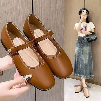 Туфли на плоской подошве, модные и удобные, женские, весенние и летние, легкие, ветер, одно слово, с мягкой фасолью, туфли Мэри Джейн 35 коричневый