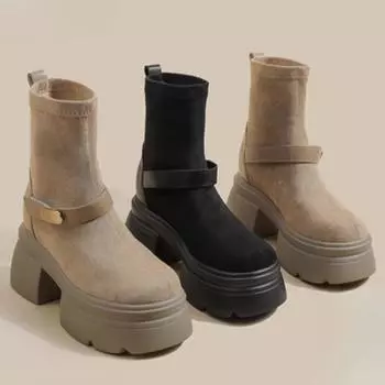 Туфли на плоской подошве на платформе, замшевые женские ботильоны, фирменные туфли на высоком каблуке, вечерние туфли, модные женские ботинки на толстом каблуке, трендовые туфли на каблуках зимы 2024 года Botas Mujer 35 чёрный