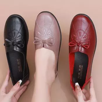 Туфли на плоской подошве с бантом для женщин среднего и пожилого возраста на весну и осень, нескользящие мокасины с мягкой подошвой для мам, удобные туфли без застежек для бабушек 35