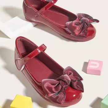 Туфли на плоской подошве с бантом для девочек 2025 года из кожи: Лакированный, в стиле принцессы для детей 33 чёрный