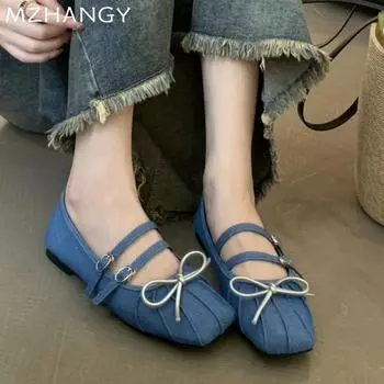 Туфли на плоской подошве с бантом, женские балетки, туфли с квадратным носком, неглубокие, модные туфли Мэри Джейн 2024 года, брендовые, осенние, мягкие, дизайнерские, женские 35 чёрный