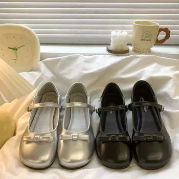 Туфли на плоской подошве с французским бантом и низким каблуком. Летние туфли из кожи в стиле ретро с легкой юбкой Мэри Джейн. Женские однобортные туфли 35 серебряный