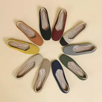 Туфли на плоской подошве с квадратным носком, женские однотонные трикотажные туфли без застежек, повседневные дышащие балетки, женские мокасины, удобная женская обувь 34 чёрный