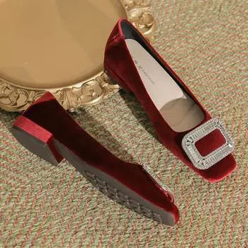 Туфли на плоской подошве с квадратным носком и толстым каблуком, женские, новинка 2024 года, осень-зима, черная замша, банкетные, удобные, темпераментные, интернет-знаменитости, туфли со стразами 35 чёрный