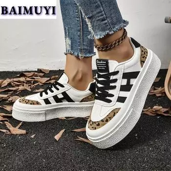 Туфли на плоской подошве с леопардовым принтом, женские кроссовки на шнуровке, повседневная спортивная обувь для женщин, осень 2024, трендовый дизайнер, бег, Zapatillas Mujer 36 чёрный