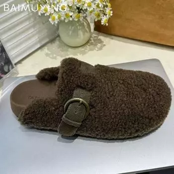 Туфли на плоской подошве с мехом, женские тапочки, короткие, плюшевые, с пряжкой, дизайнерские, повседневные, мюли, обувь 2025 года, тренд, теплые, удобные, для ходьбы, зима, снег, Botas De Mujer 35 абрикосовый