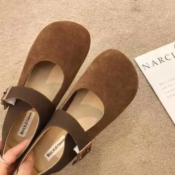 Туфли на плоской подошве с неглубоким носком для женщин 2025 года, новые весенние и осенние туфли-бобы на мягкой подошве с круглым носком в стиле ретро Мэри Джейн 35 коричневый