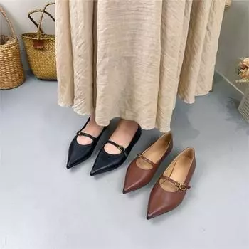 Туфли на плоской подошве с острым носком Johnature Mary Jane из натуральной кожи, однотонные, универсальные, на мягкой подошве 35 чёрный