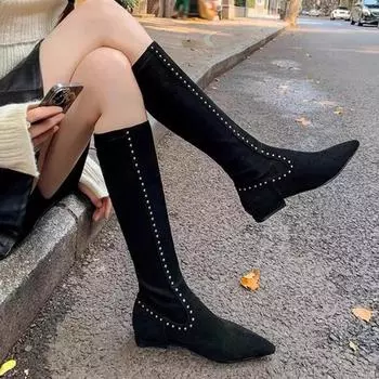 Туфли на плоской подошве с острым носком женские сапоги челси до колена кожаные туфли осень-зима новые модные сексуальные гладиаторские женские длинные ботинки на молнии 35 бежевый