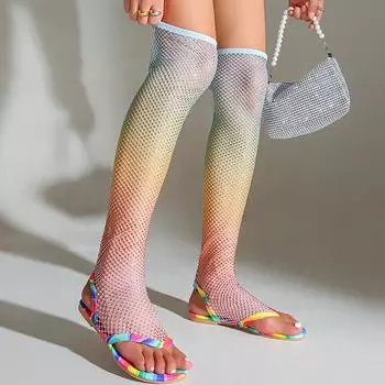 Туфли на плоской подошве, сетчатые женские, высокие, крутые, с застежкой-молнией, выше колена, туфли с открытой пяткой, модная осенняя обувь 2024 года, дизайнерское платье Zapatos Lady 35