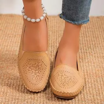 Туфли на плоской подошве Весна Новые круглые туфли со средней горловиной Hot Drill Дышащие одинарные туфли Легкие нескользящие женские туфли 35 бежевый