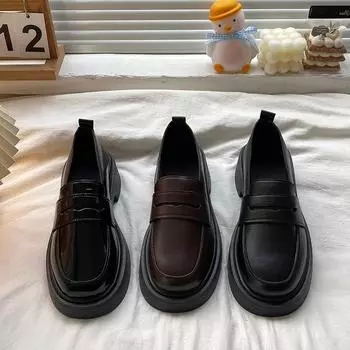 Туфли на плоской подошве в британском стиле, женские, весна-осень, новое поступление, удобная повседневная обувь на толстой подошве, кожаные лоферы 35 чёрный
