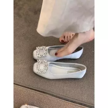 Туфли на плоской подошве весна новые с мелким вырезом стразы квадратный носок темпераментные одинарные туфли женские 35 серебряный