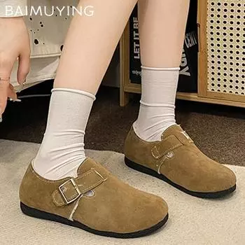 Туфли на плоской подошве Женская обувь Замша Дизайнерская повседневная обувь Зимние короткие плюшевые хлопковые туфли Трендовые прогулочные туфли с пряжкой Уютные женские туфли Zapatillas 35