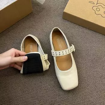 Туфли на плоской подошве женские 2025 весна новые квадратные туфли нежные вечерние туфли ретро мода плоские темпераментные туфли Мэри Джейн 35 бежевый