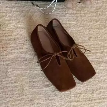 Туфли на плоской подошве женские балетные танцевальные туфли замшевые повседневные дизайнерские мокасины с квадратным носком 2024 года трендовая осенняя спортивная обувь на шнуровке туфли на плоской подошве женские 35 коричневый