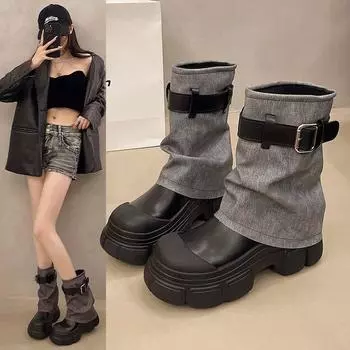 Туфли на плоской подошве женские ботинки челси средней длины модные ковбойские туфли на платформе новые зимние дизайнерские мотоциклетные ботинки женские 35