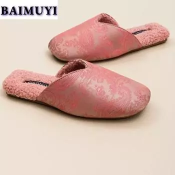 Туфли на плоской подошве женские меховые тапочки с произвольным принтом модные мюли обувь зимние новые шлепанцы 2025 тренд новые сандалии с открытой пяткой Mujer Zapatos 35