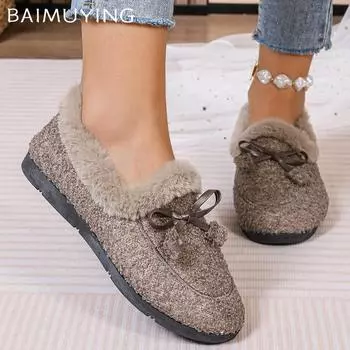 Туфли на плоской подошве женские мокасины с бантом из меха дизайнерская повседневная обувь короткие плюшевые хлопковые сапоги зимние новые брендовые теплые тренды 2024 года Zapatos Femme 36 чёрный
