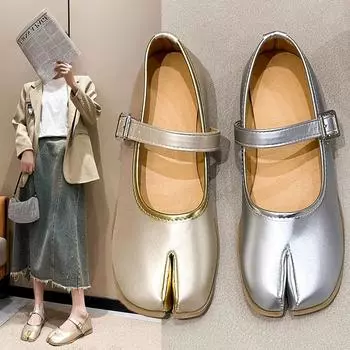 Туфли на плоской подошве женские новинка туфли на плоской подошве с раздвоенным носком качественные кожаные туфли Мэри Джейн в японском стиле туфли-лодочки на плоской подошве женские 35 серебряный