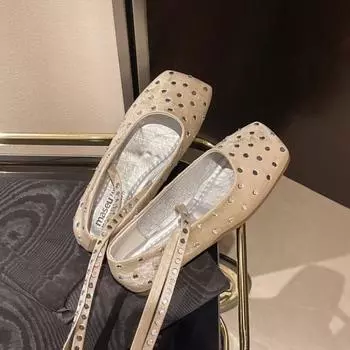 Туфли на плоской подошве женские новые летние туфли-лодочки с квадратным носком и легким ртом, со шнуровкой и пайетками в стиле балеток Мэри Джейн 35 бежевый