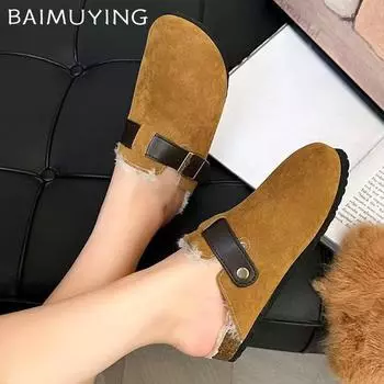 Туфли на плоской подошве женские пушистые тапочки замшевые короткие плюшевые хлопковые мюли обувь 2025 трендовые теплые дизайнерские пряжки зимние снежные ботинки женские 35