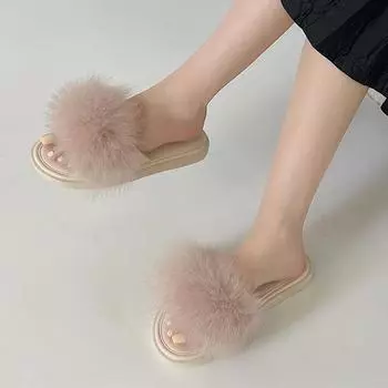 Туфли на плоской подошве женские тапочки меховые дизайнерские повседневные туфли осенние новые женские сандалии с открытой пяткой 2024 года удобные мягкие туфли для ходьбы женские сапатосы 35 бежевый