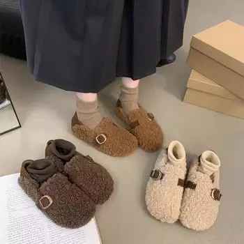 Туфли на плоской подошве, женские туфли Doudou, осень-зима 2024 года, теплые бархатные хлопковые туфли с пряжкой на ремне, однопедальные туфли для женщин 35