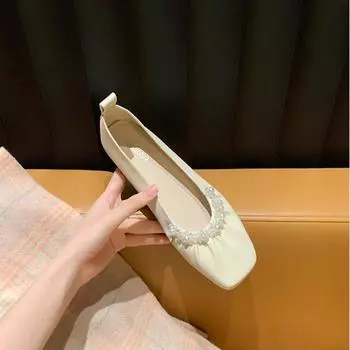 Туфли на плоской подошве женские туфли французского стиля с жемчугом женские туфли с неглубоким носом и квадратным носком туфли на мягкой подошве для женщин туфли на плоской подошве Zapatos De Mujer 35 белый