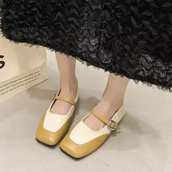 Туфли на плоской подошве женские Туфли Мэри Джейн с квадратным носком Удобные босоножки с неглубокой подошвой Весна Новые повседневные платья Модные роскошные женские туфли 35 хаки