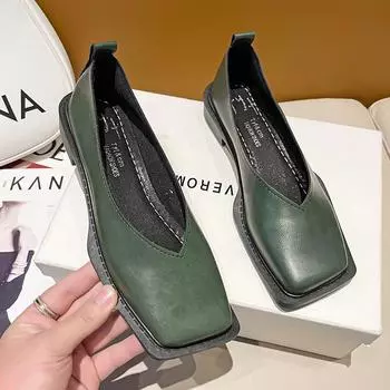 Туфли на плоской подошве, женские туфли на одинарной платформе с квадратным носком, простые темпераментные кожаные туфли, весна-осень, 4 цвета 35 зелёный