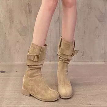 Туфли на плоской подошве женские высокие замшевые дизайнерские туфли с пряжкой в стиле ретро, новый трендовый бренд, классические зимние туфли средней длины для мотоциклистов 35