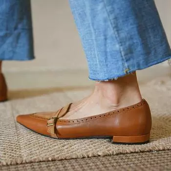 Туфли на плоской подошве, женские замшевые кожаные туфли без шнуровки с острым носком, винтажные лоскутные женские туфли на плоской подошве, повседневные женские лоферы 37 красно-коричневый