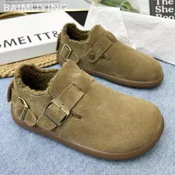 Туфли на плоской подошве женские зимние ботинки замшевые короткие плюшевые дизайнерские повседневные хлопковые туфли 2025 года тренд теплые прогулочные нескользящие зимние ботинки женские 35 коричневый
