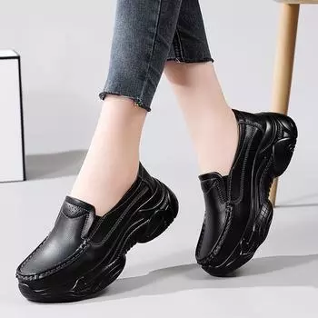 Туфли на подошве Muffin Mom Shoes Swing Shoes Повседневные маленькие белые туфли Мягкая кожа Удобная рабочая обувь Мокасины без застежек 35 чёрный