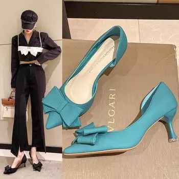 Туфли на шпильках с бантом в корейском стиле: Женские сандалии с острым носком 36 озеро синий