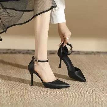 Туфли на шпильках с острым носком, большого размера и ширины, цельные женские туфли с пряжкой, сандалии, простые и удобные женские туфли для работы 34 чёрный